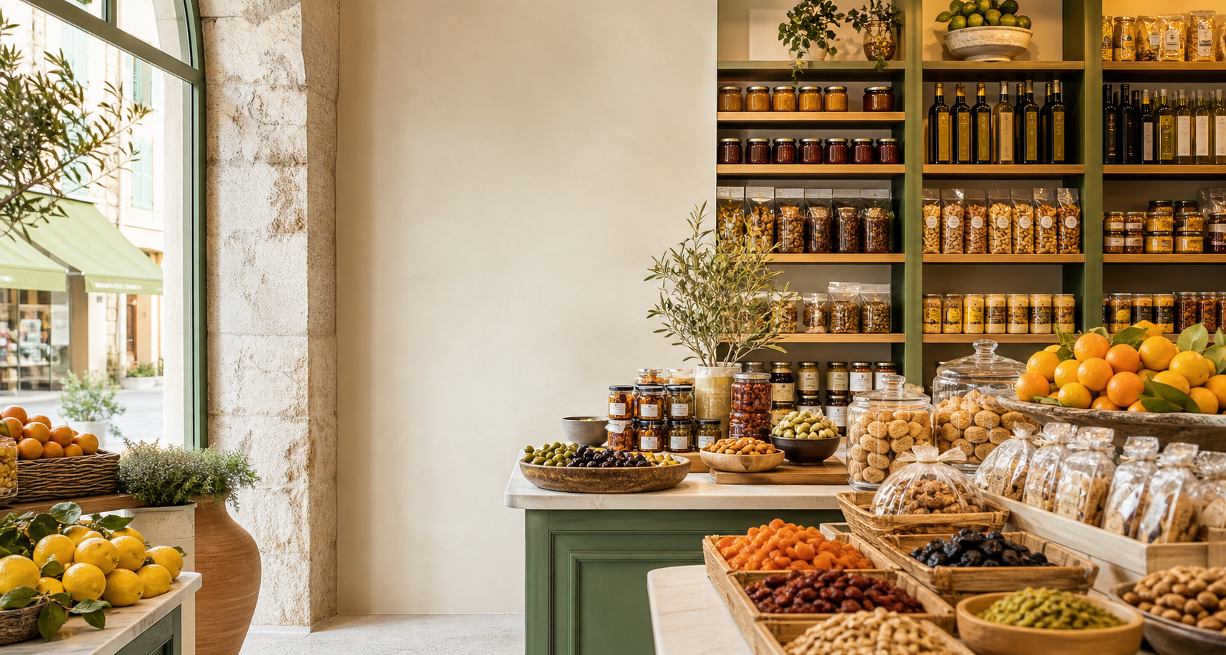 Rayons chaleureux d'une epicerie mediterraneenne